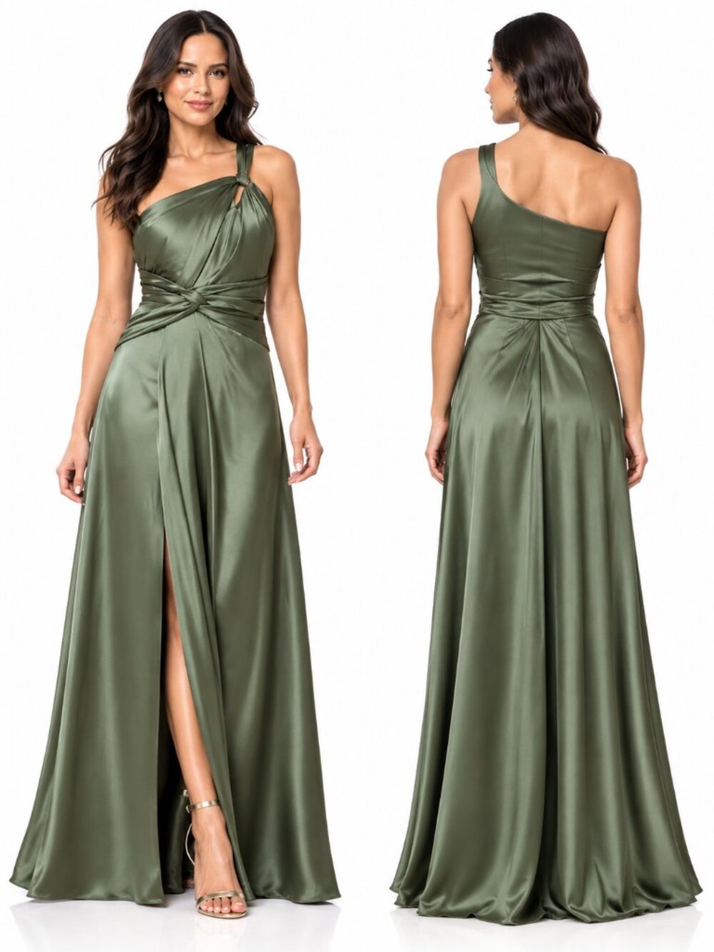 XSCAPE Leona Olive Satin One Shoulder Maxi Gown Size 12 NWT Formal Dress - Picture 3 of 7